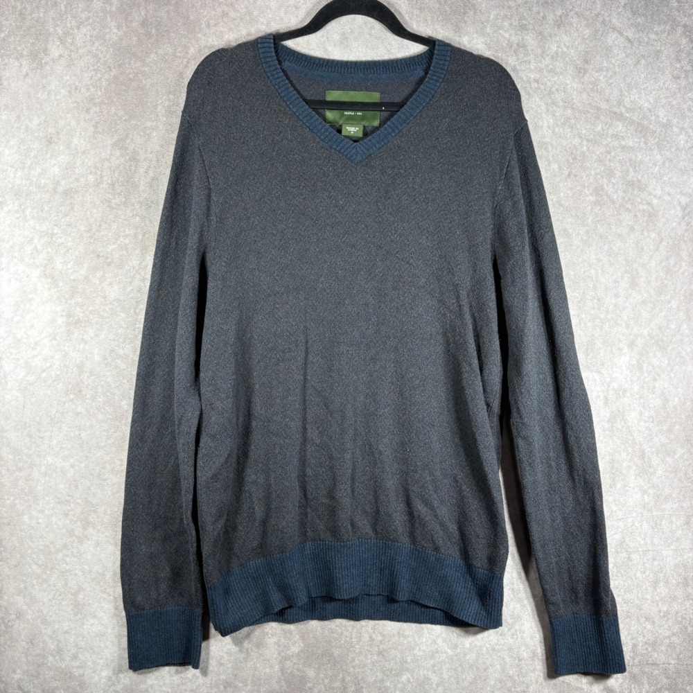 Eddie Bauer Sweater Mens Medium Blue V-Neck Pullover Cotton Cashmere Herringbone